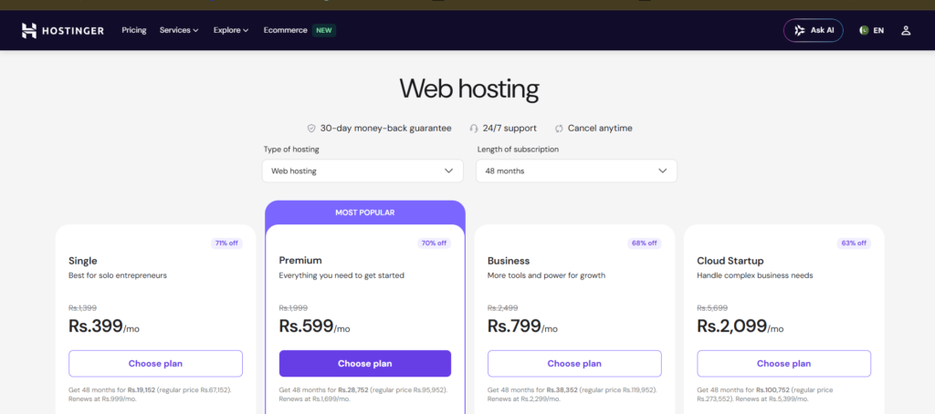 Hostinger web Hosting Pricing Table 